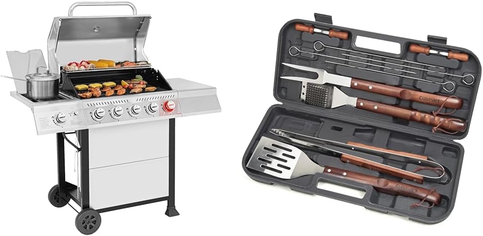 Royal Gourmet GA5401T 5-Burner BBQ Propane Grill with Sear Burner and Side Burner & Cuisinart CGS-W13 Wooden Handle Tool Set, Black (13-Piece)