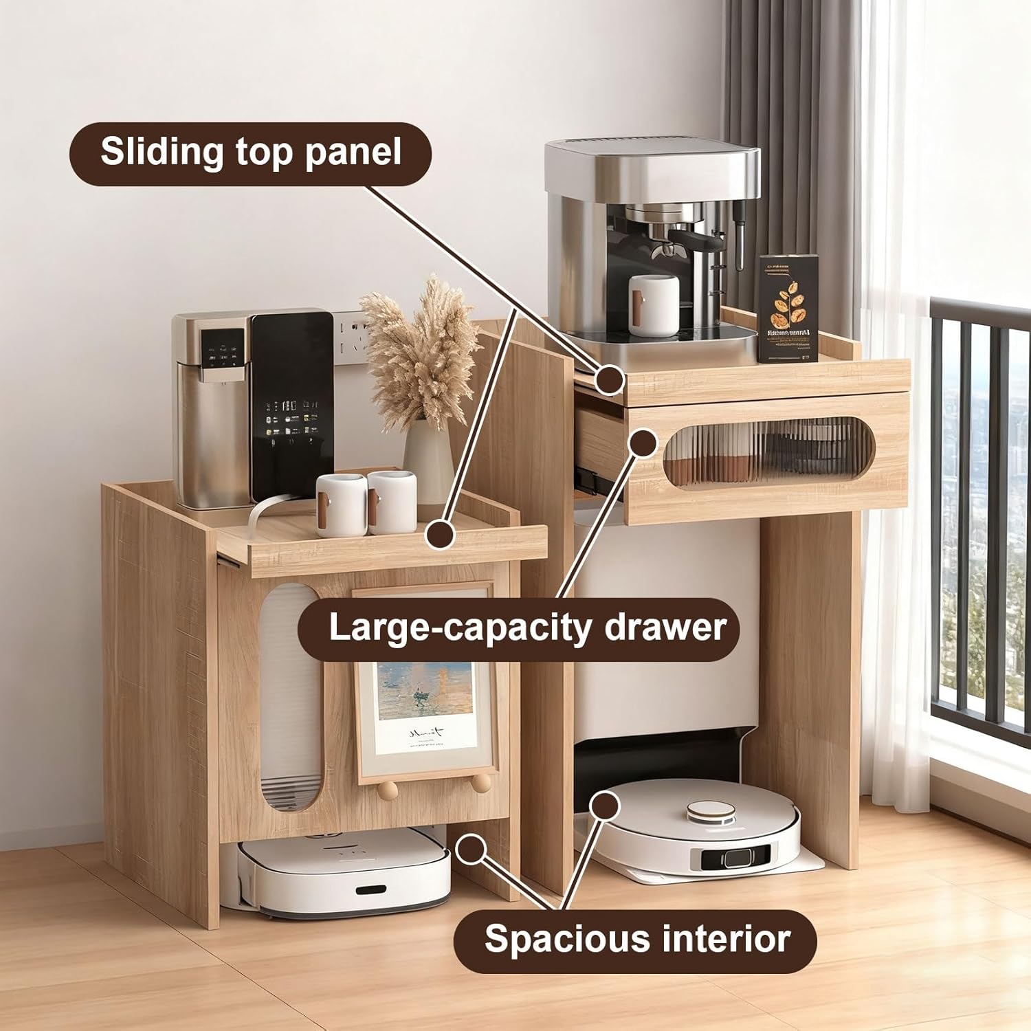Modern Robot Vacuum Storage Rack Wooden Modern Hiding Robot Vacuum Cabinet Pull-Out Top Panels Portable Nightstand Accent Side Tables for Living Room Bedroom Office Kitchen(Natural)