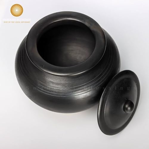Swadeshi Blessings HandMade Exclusive Range Unglazed Clay Handi/Earthen Pot for Cooking with Lid (4 LTR, Black) (with Natural Firing Shade & Stone Finished Mirror Shine) + Free Palm Leaf Stand