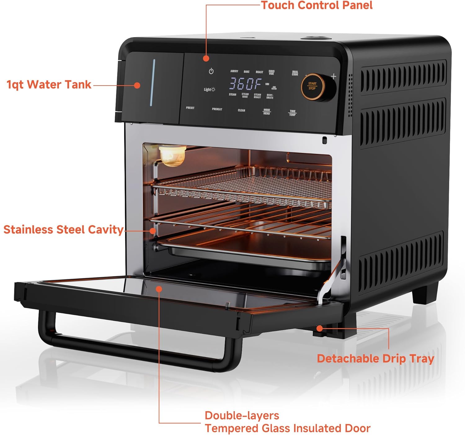 OUNIN Air Fryer Toaster Oven Combo – 11-in-1 Countertop Convection Steam Oven with Air Fryer, Steam, Dual Cook, Bake, Roast, Dehydrate, 90–430°F, Self-Cleaning, 16qt Capacity