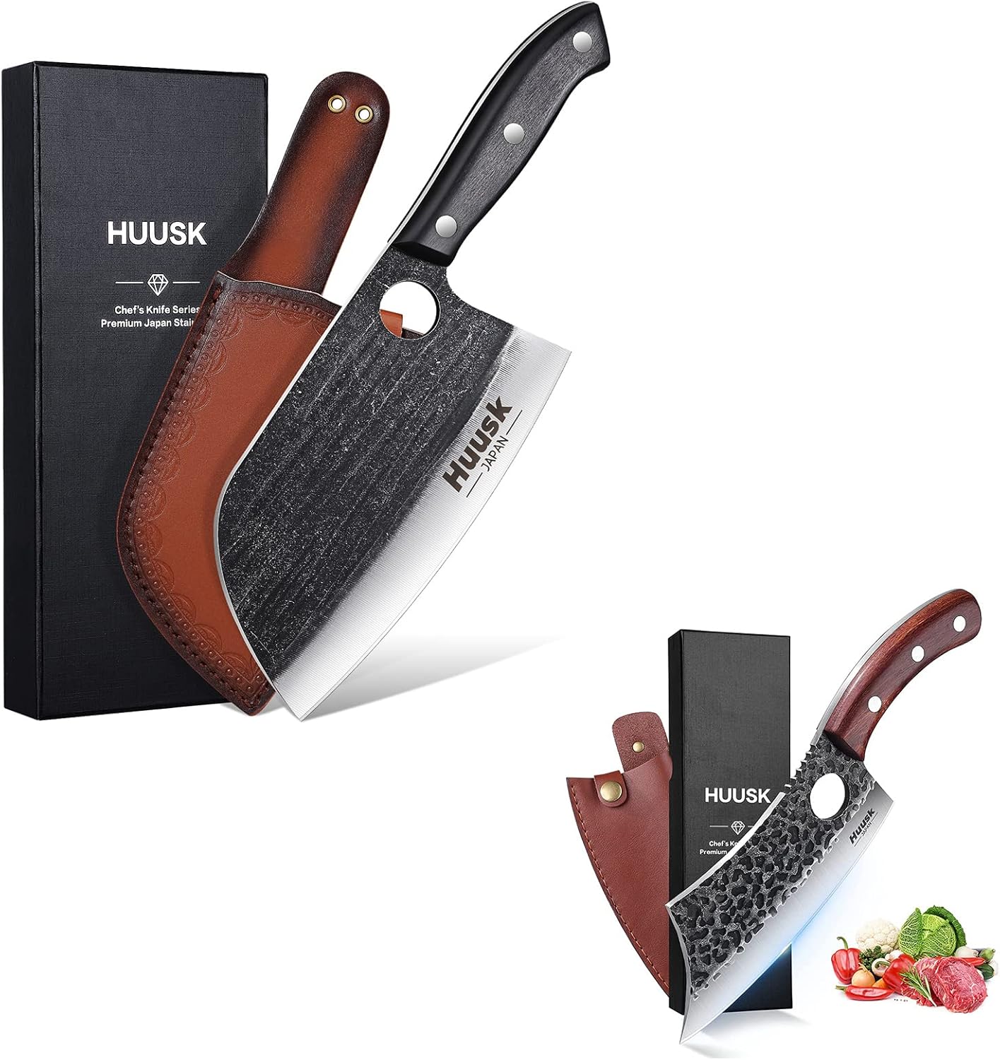 Huusk Japan Knife, Chef Knives Bundle with Serbian Knife and Hand Forged Butcher Knife Sheath Included, Outdoor Camping BBQ Ideal Present Gift