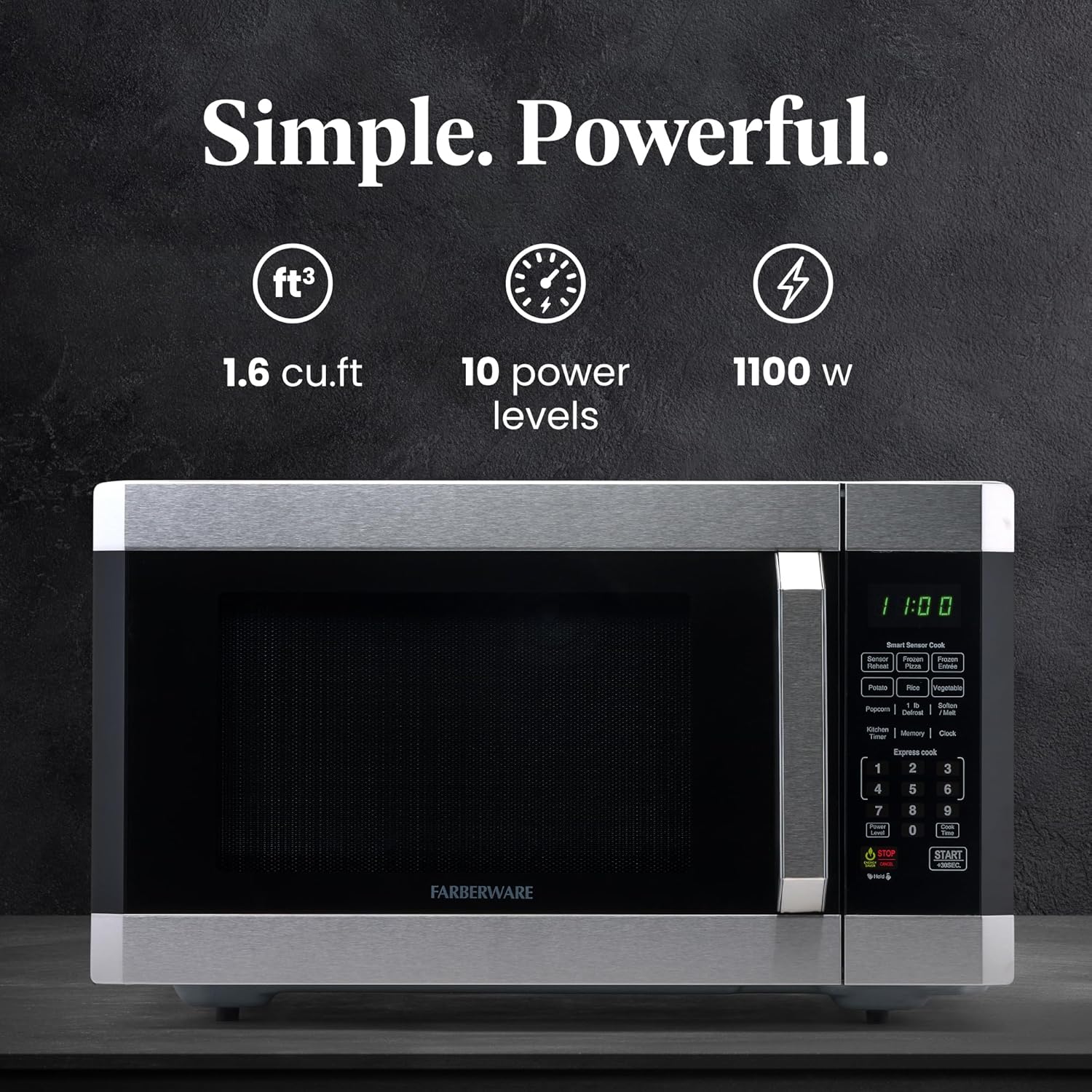Farberware 1.6 Cu. Ft. Countertop Microwave Oven – 1100 Watts Power, Smart Sensor Auto Cook Settings, Defrost, Easy Clean and Child Safety Lock - Stainless