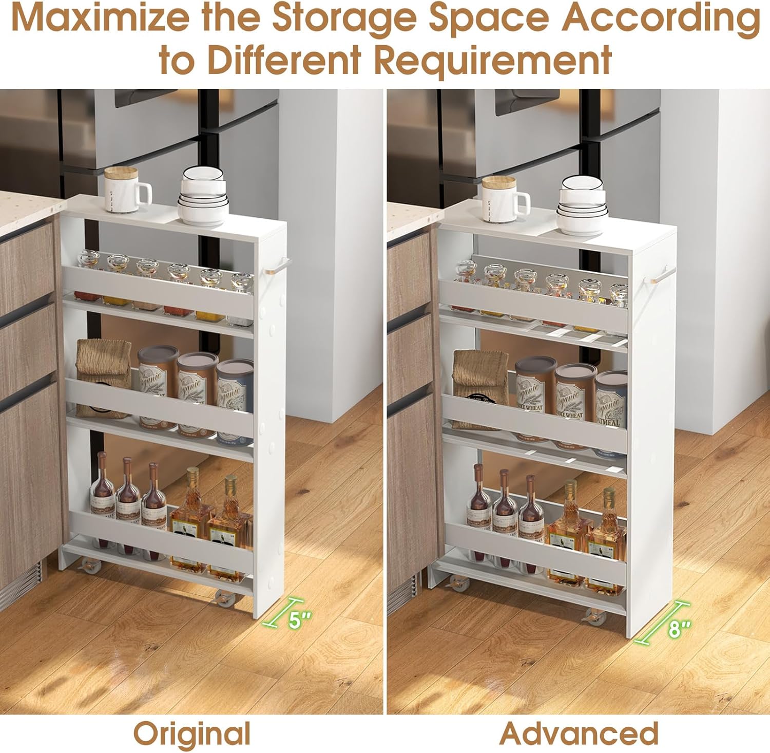 Giantex 4 Tier Rolling Slim Storage Cart, 8” Narrow Slide Out Kitchen Cart w/Handle & Open Shelves, Space-Saving Compact Mobile Utility Trolley for Small Space Laundry Room (White)