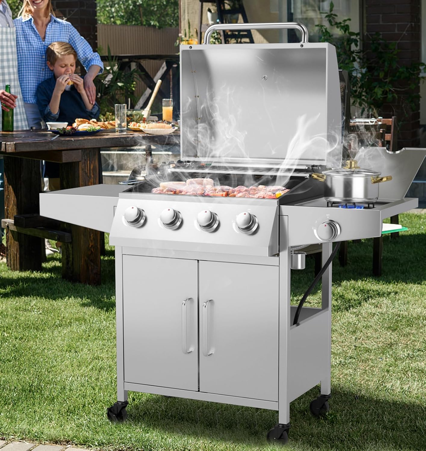 Giantex Propane Gas Grill 50,000 BTU, 4 Main Burners, 1 Side Burner, 2 Prep Tables, Stainless Steel Heavy-Duty BBQ Grill with 4 Wheels for Backyard Party Outdoor Cooking