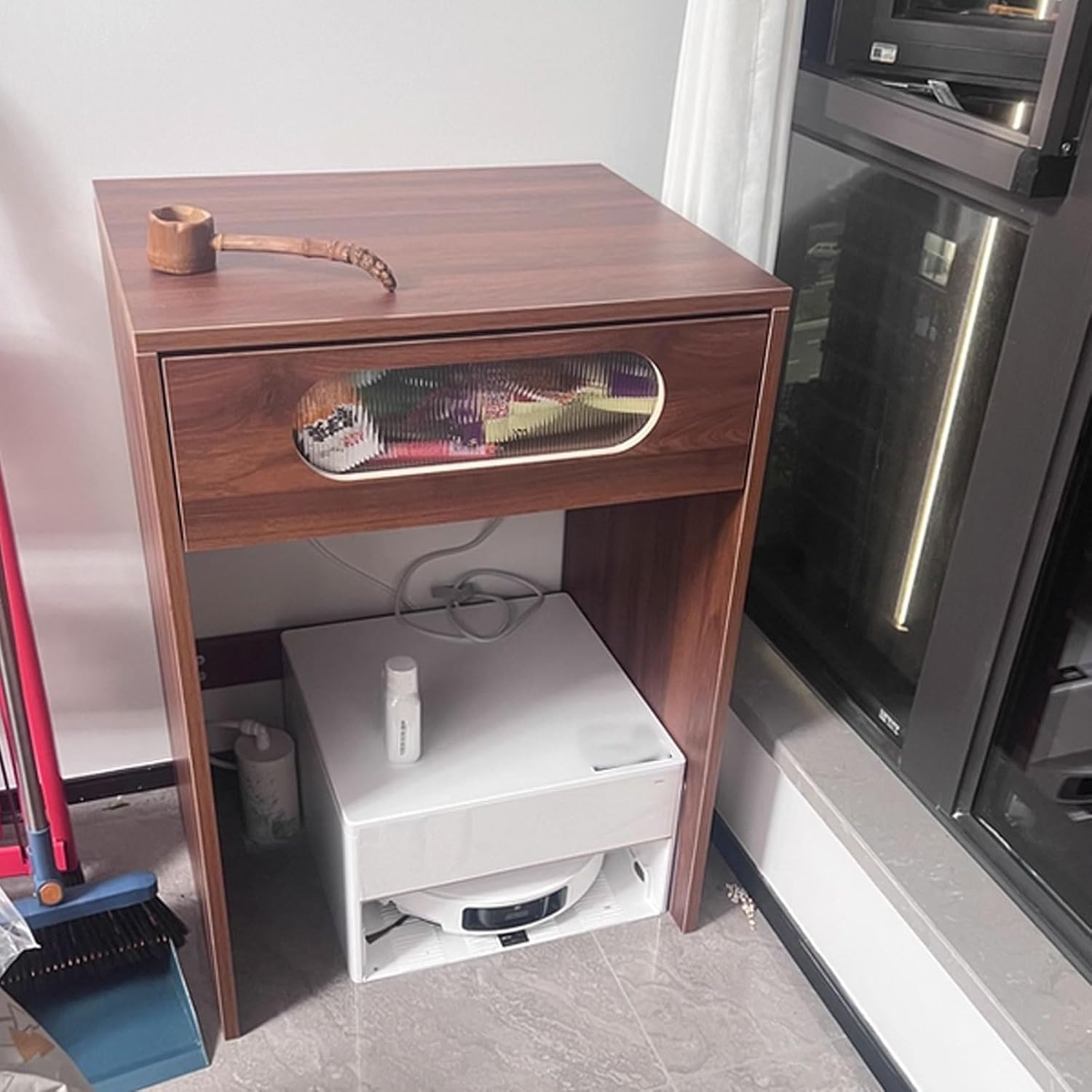 Coffee Bars Cabinet with Drawer Tall Robot Vacuum Hidden Cabinet Pull-Out Top Panel Top Antis-Fall Edge Design Multi-Functional Modern Vacuum Storage Stand 3 Colors(Natural,50 * 50 * 82.5cm)