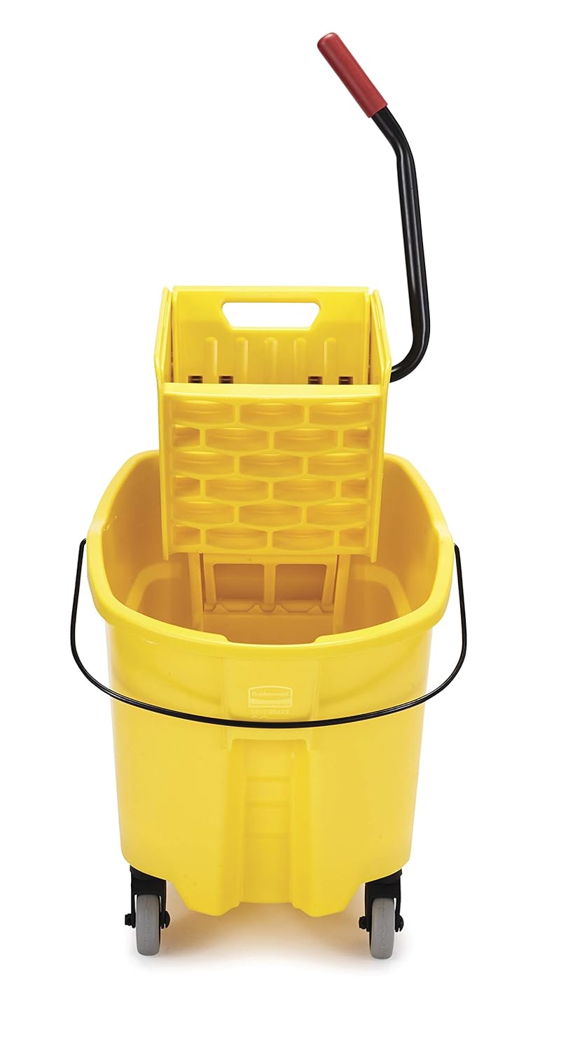 Rubbermaid Commercial Products, WaveBrake - Commercial Industrial Mop Bucket, 35 Quart, Yellow & Rubbermaid Commercial Universal Headband Blend Mop, Blue, Fg23800Bl00