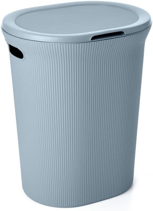 Superio Ribbed Collection - Decorative Plastic Laundry Hamper with Lid and Cut-Out Handles, Blue (1 Pack) Basket Organzier for Bedroom Bathroom College Dorm Room 40 Liter