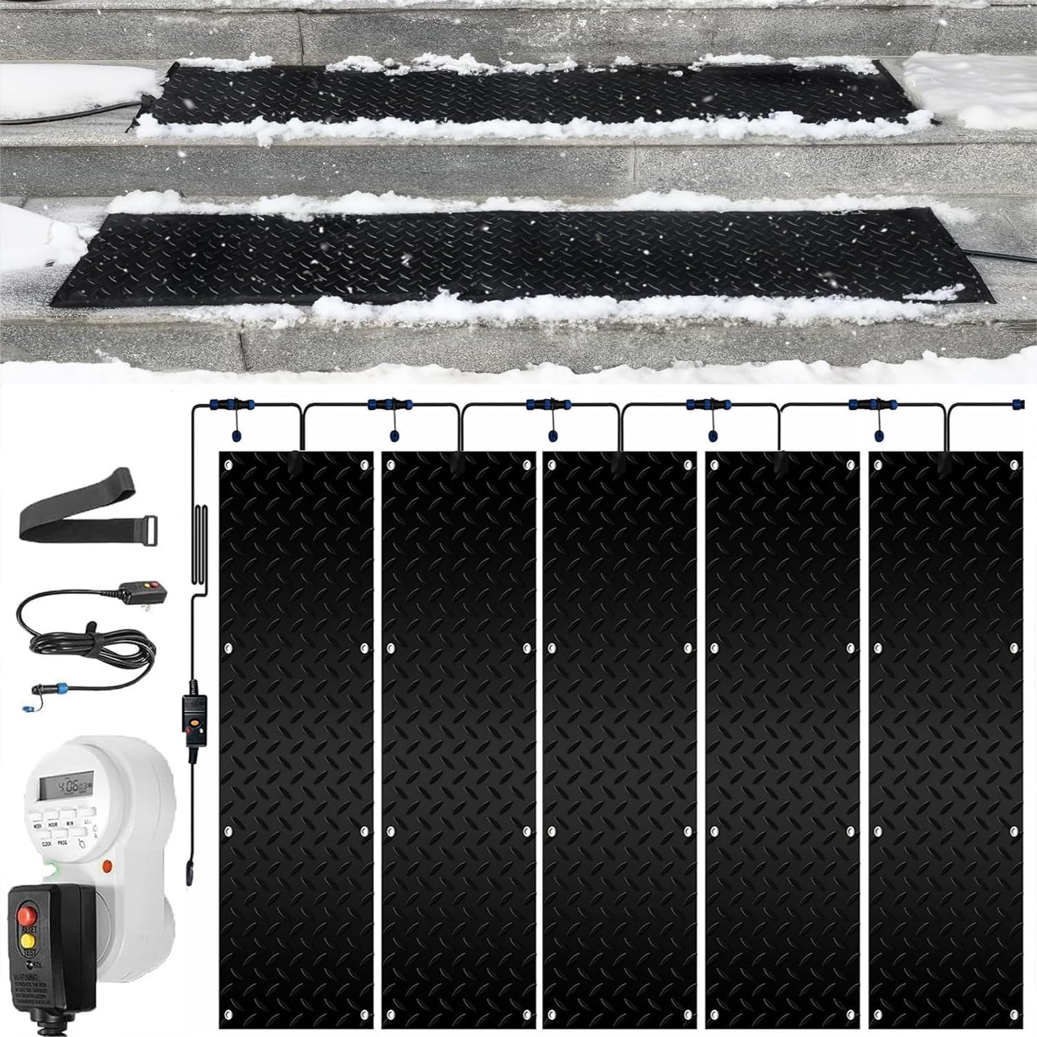 Snow melt sidewalk mat with timer, 1/2/4/4/5 block non-slip rubber heated stair mat, snow and ice heated mat, for outdoor stairs, doorways, sidewalks, driveways in winter(5Pcs,10x30in/(25.4x76.2cm))