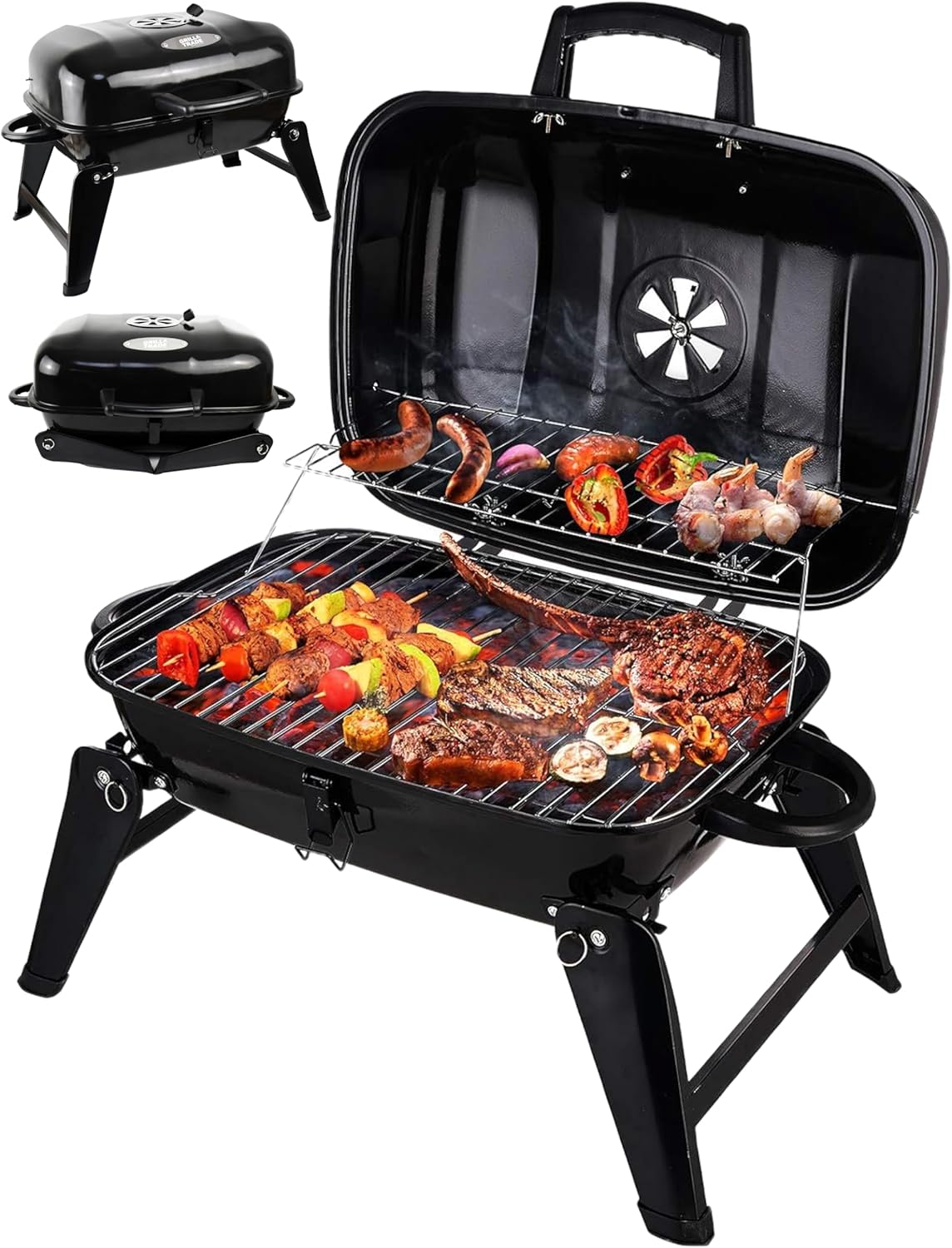 Grill Trade Portable Charcoal Grill - Mini BBQ Grill - Small Table Top Charcoal Grill for Camping, Outdoor Cooking - Foldable Camping Grill for Picnics, Tailgating and Backyard Grilling