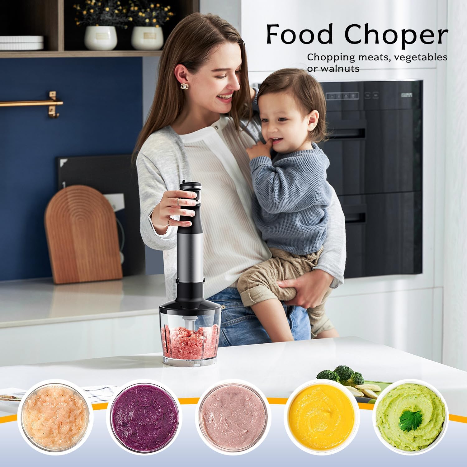 Immersion Blender handheld Powerful 1000W 5 in 1 Hand Blender Corded Hand Mixer Heavy-Duty Stainless Steel Blades Handheld Blender with Milk Frother, Egg Whisk, 600ml Beaker, 500ml Chopper