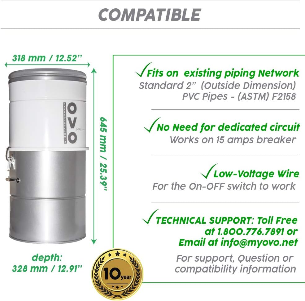 OVO Large and Powerful Central Vacuum System, Hybrid Filtration (with or Without Disposable Bags) 25L or 6.6 Gal, 700 Airwatts with 40 ft Carpet Deluxe Accessory Kit Included