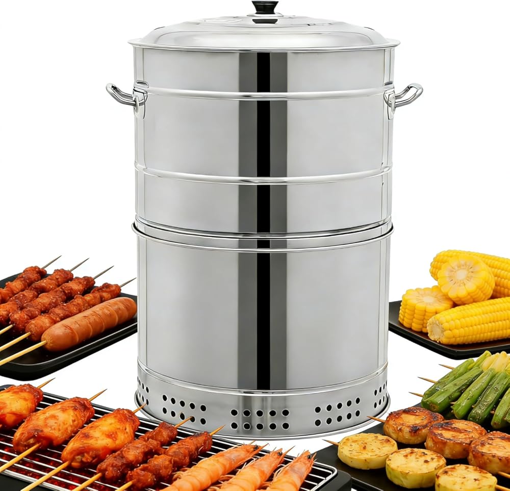 DYRABREST Stainless Steel Charcoal Grill Large Portable BBQ Grill Barrel with Skewers, Oil Separation Design, Smokeless Charcoal Grill for Outdoor Camping, Parties, Backyard BBQs, and Travel (Large)