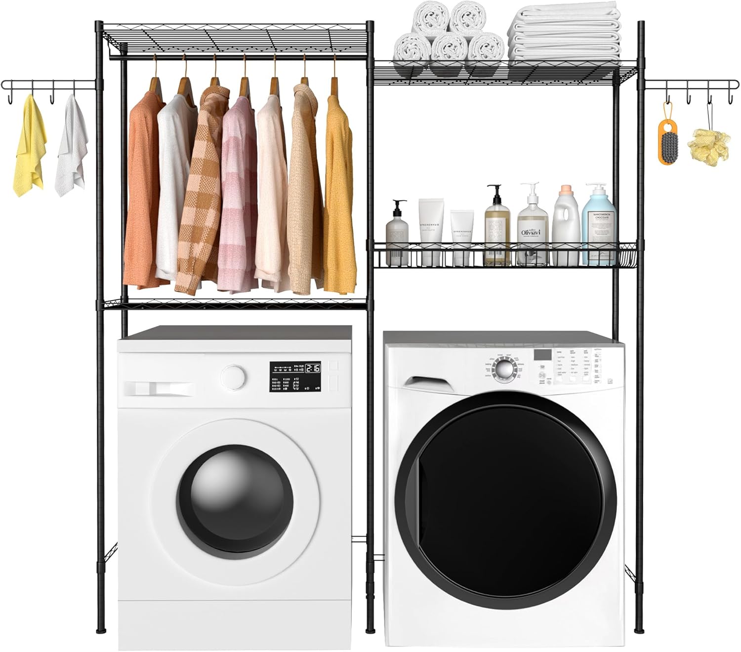 Over Washer and Dryer Storage Shelves, 4 Tiers Standing Clothes Drying Rack with Basket, Hanger Rod & Hooks for Laundry Room Storage Organization, Black