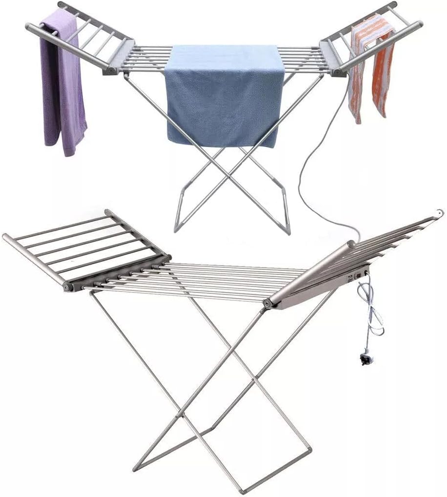 Electric Heated Clothes Dryer Folding Energy Efficient Indoor Airer Wet Laundry Drying Rack with 2 Layers 18 Bars Winged Design for Easy Storage and Quick Drying