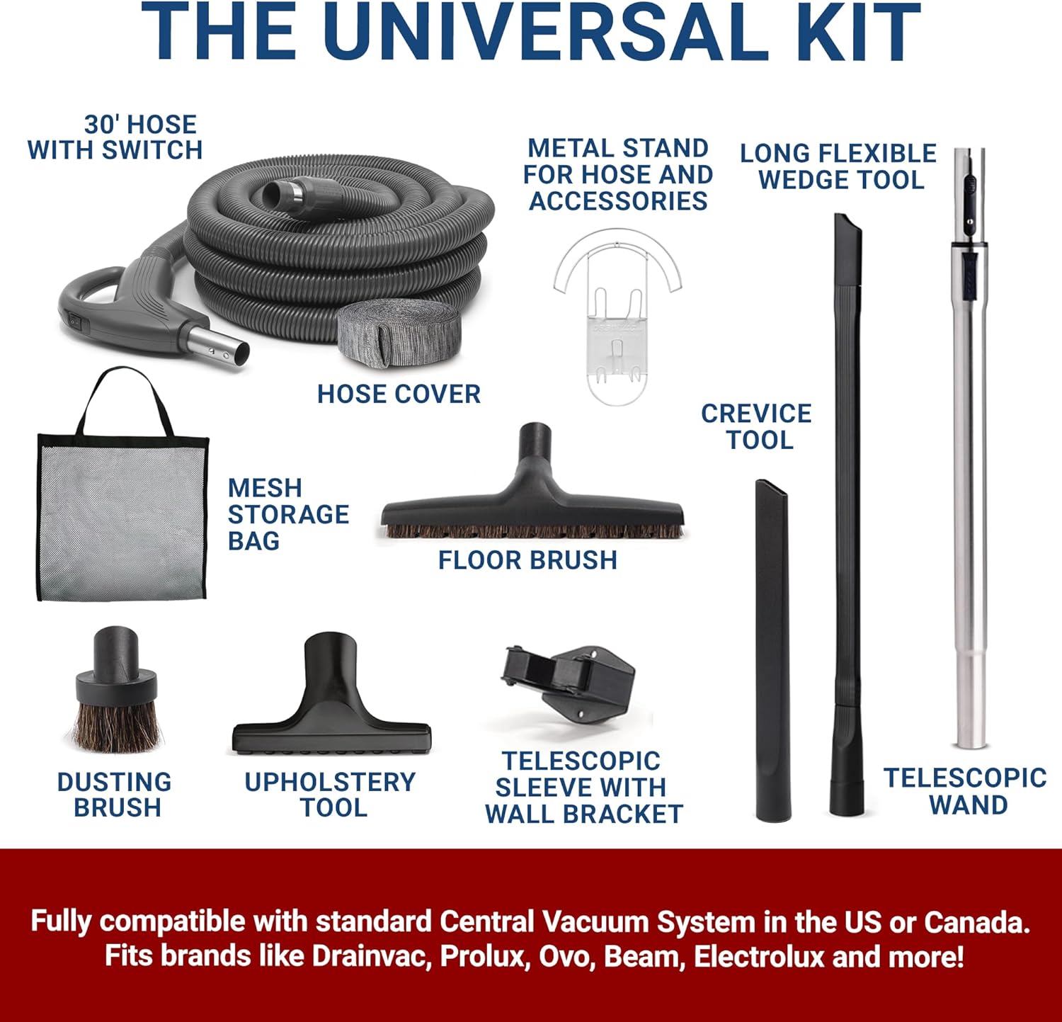 Drainvac Central Vacuum System Kit – Premium Central Vacuum Set with 30-ft Hose, Adjustable Wand, Floor Brush, Upholstery Tools, Mesh Storage Bag, and More – Fits Most Systems