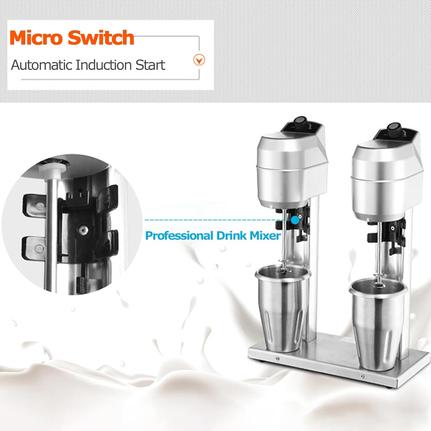 Commercial Milkshake Maker with 2 X 1000 Ml Cups, 600W Motor Electric Mixed Drink Maker Micro Sensor Switch Max 16000R/Min Double Heads Drink Mixer Blender
