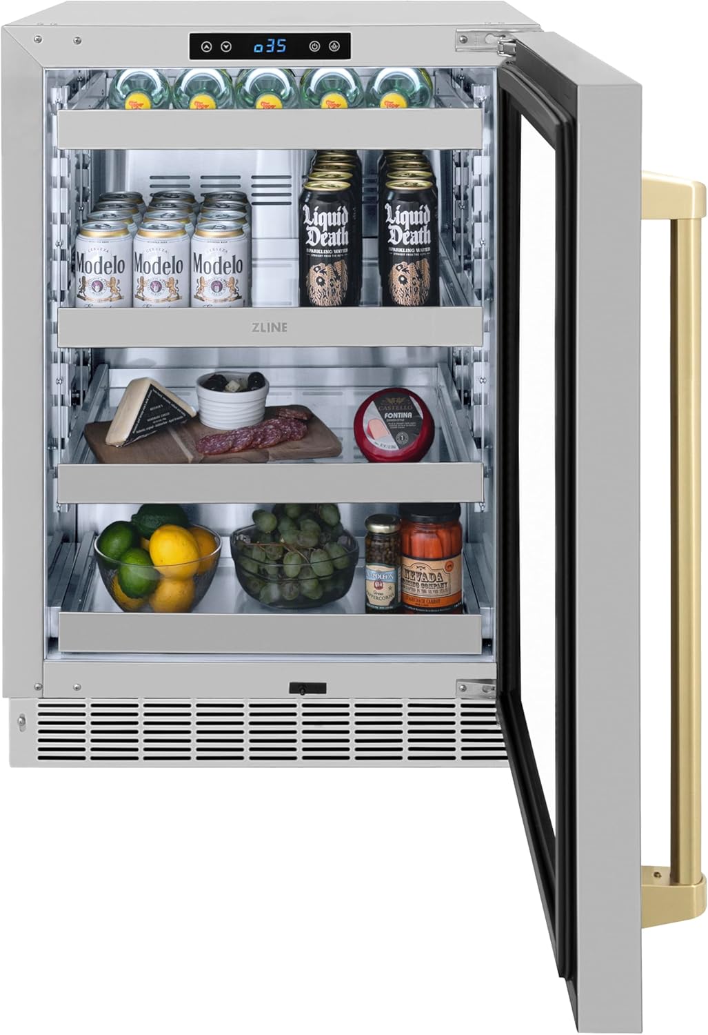 ZLINE Autograph Edition 24 in. Touchstone 151 Can Beverage Fridge With Stainless Steel Glass Door And Champagne Bronze Handle (RBSOZ-GS-24-CB)
