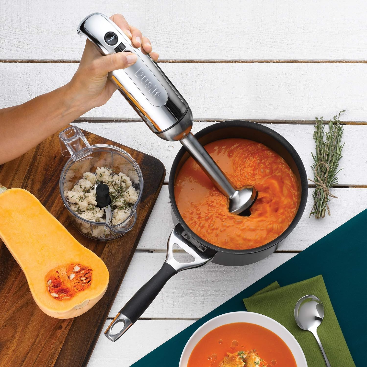 Dualit Immersion Blender Set | Immersion Blender with Chopping Bowl, Whisk & 35.1 fl oz Measuring Jug | 700W with Turbo Speed | Chrome