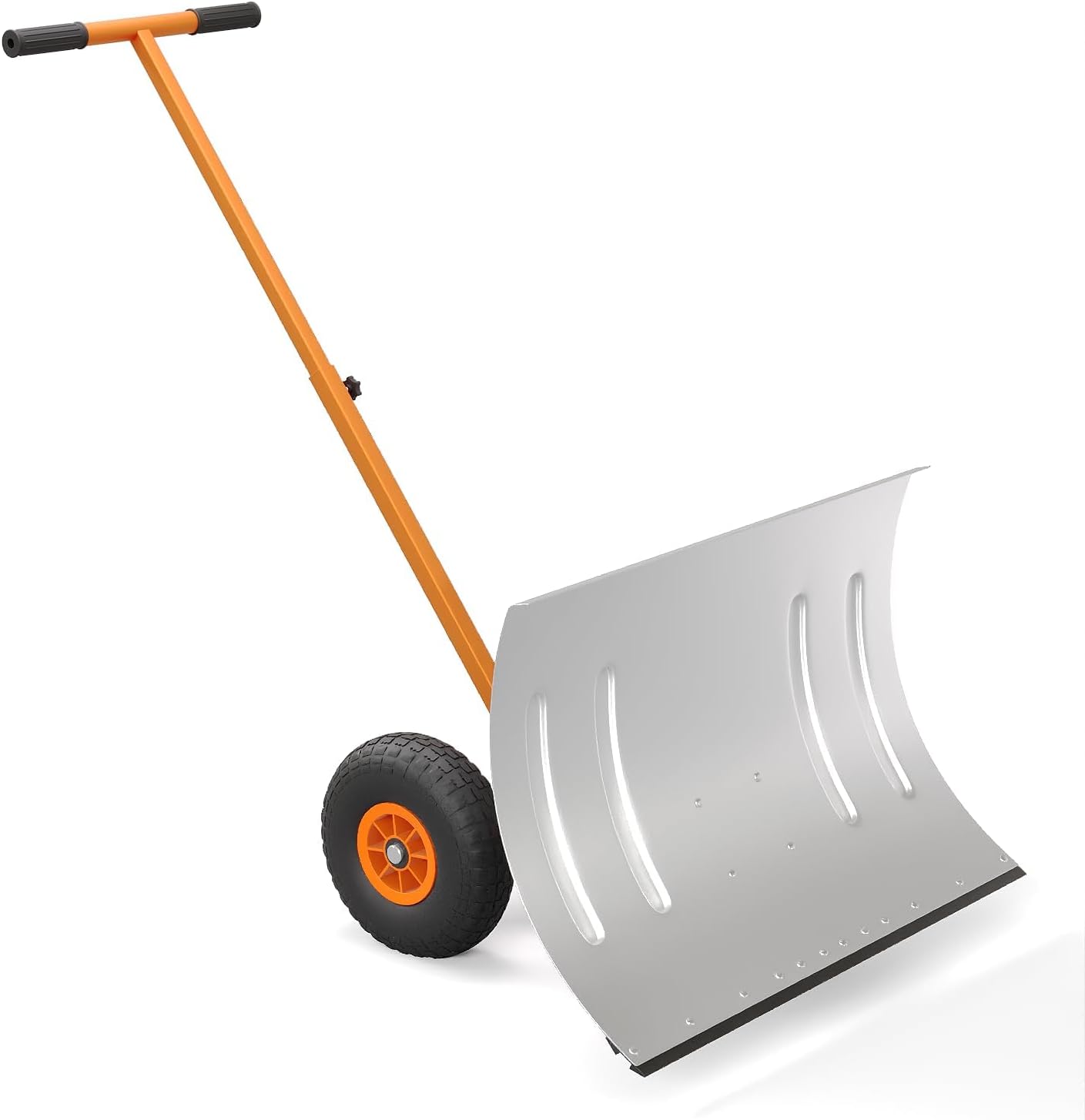 Single Rod Snow Shovel with Wheels, 20 * 29 Inch Heavy Duty Steel Snow Pusher, Adjustable 5-Position Angle & Height Handle, Durable Snow Remover for Driveway, Sidewalks, Yards & Patios, Silver