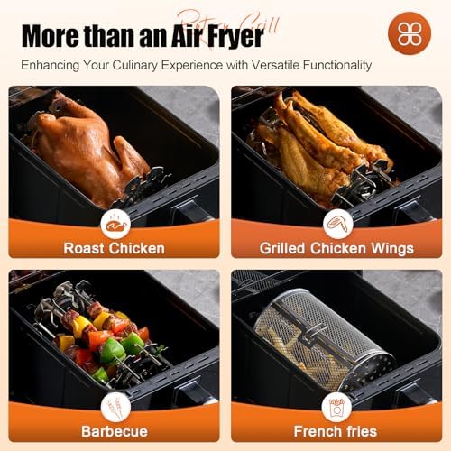 Air Fryer Toaster Oven with Rotisserie, 8.5QT 1650W 6-In-1 Countertop Oven with Stainless Steel Grill, 4 Preheats, 24H Timer, 13 Temp Settings, LED Touchscreen Digital Air Fryer Oven for Bake, Broil