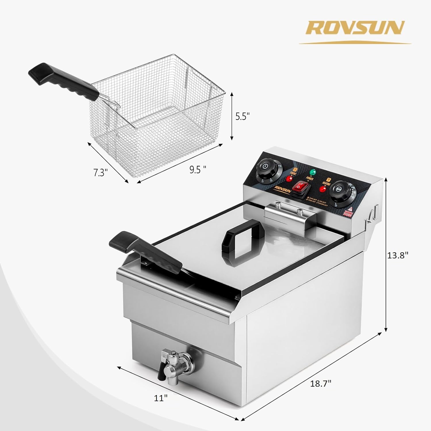 ROVSUN 12.5QT/11.8L Electric Deep Fryer w/Frying Basket, Timer, Drain, & Lid, Commercial Countertop Single Tank Frying Machine, Adjustable Temperature, for French Fries Donuts Onion Rings, 1700W 110V