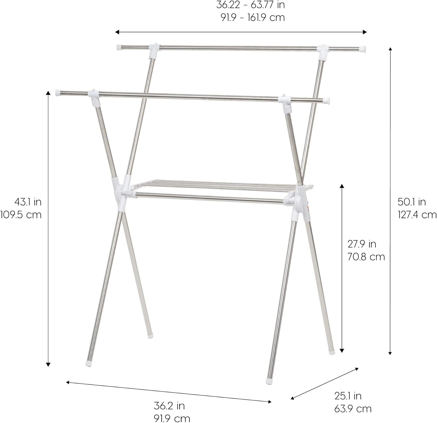 IRIS USA Foldable Drying Rack with Extendable Rods for Large Laundry Loads, Clothes Drying Rack, Freestanding Foldable Laundry Rack, Anti-Skid Feet, Portable and Storable, Silver