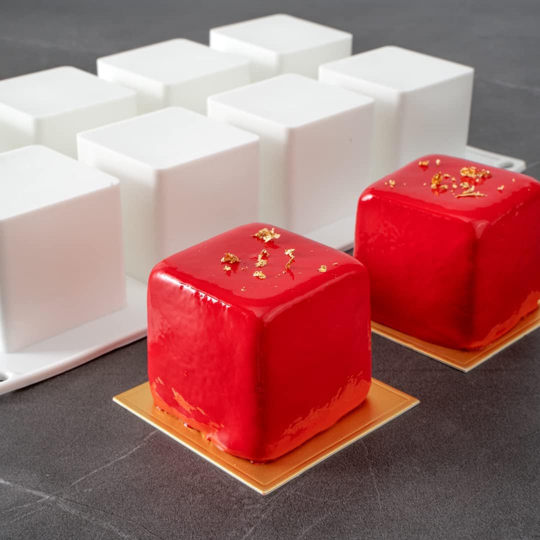 Pastry Tek 8 Cavities Square Cupcake Pans, 10 Oven-Ready Square Molds - Flexible, Freezable, White Silicone Petit Four Molds, Easy Release, For Baking - Restaurantware