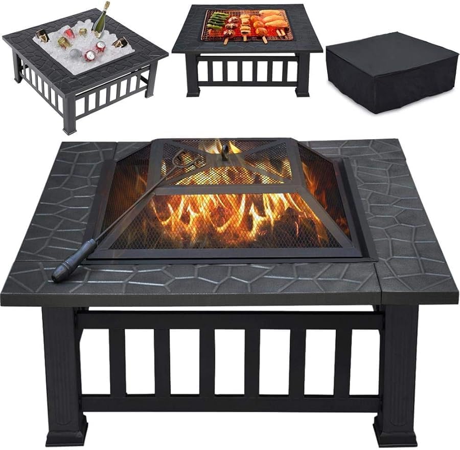 Multifunctional Fire Pit Table 32in Square Metal Firepit Stove Backyard Patio Garden Fireplace for Camping, Outdoor Heating, Bonfire and Picnic (Black)