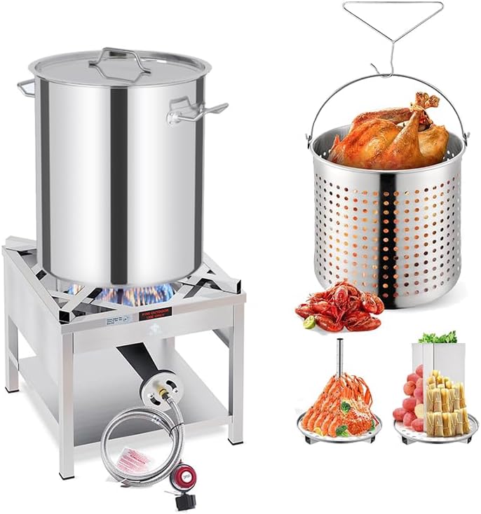ARC 52QT Seafood Boiling Kit, 200,000BTU Propane Burner And Stainless Steel Crawfish Boil Pot w/Basket and Steamer Rack, For Outdoors Cooking and Steaming, Large Turkey Fryer Pot, Lobster Shrimp Pot
