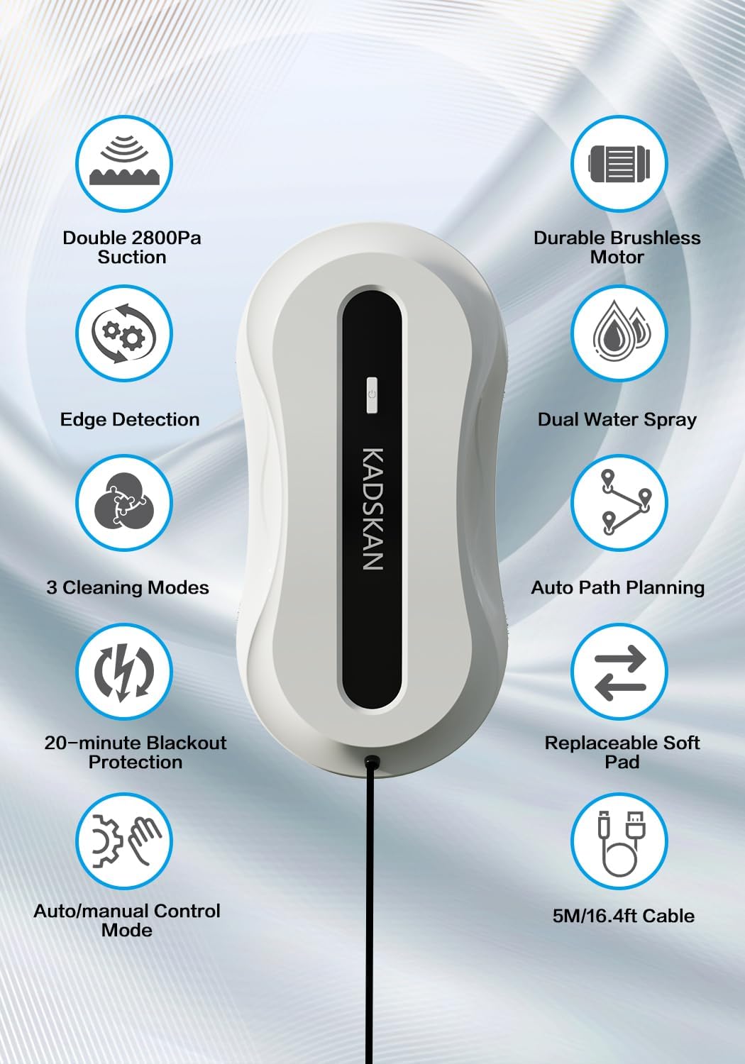 Window Cleaning Robot, Automatic Window Cleaner with Water Spray for Windows/Tiles/Class Door, Inside/Outside, 5600Pa Suction Power, 3.0 Path Planning, Remote Control