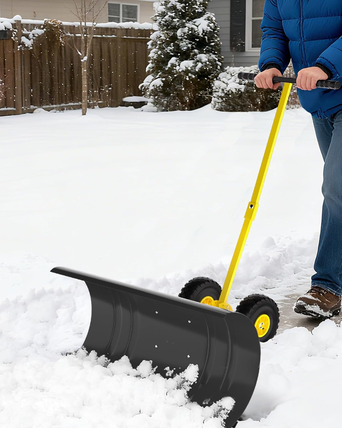 Snow Shovel with Wheels, Galvanized Blade Heavy Duty 2-Wheel Push Snow Plow, Single Bar with Adjustable Blade & Height, Back-Saving Design for Driveway, Sidewalk & Doorway