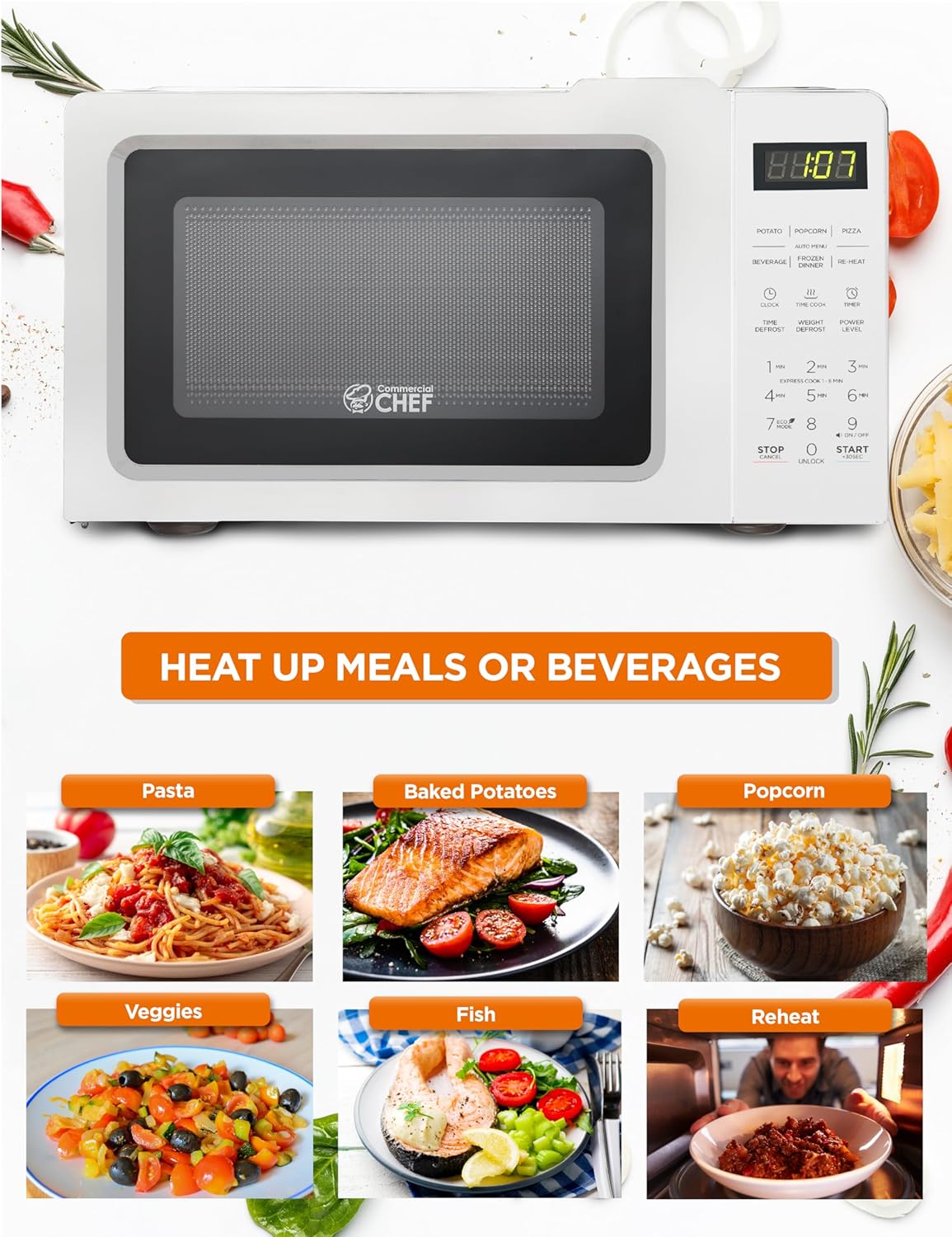 COMMERCIAL CHEF 0.7 Cubic Foot Microwave with 10 Power Levels, Small Microwave with Pull Handle, 700W Countertop up to 99 Minute Timer and Digital Display, White