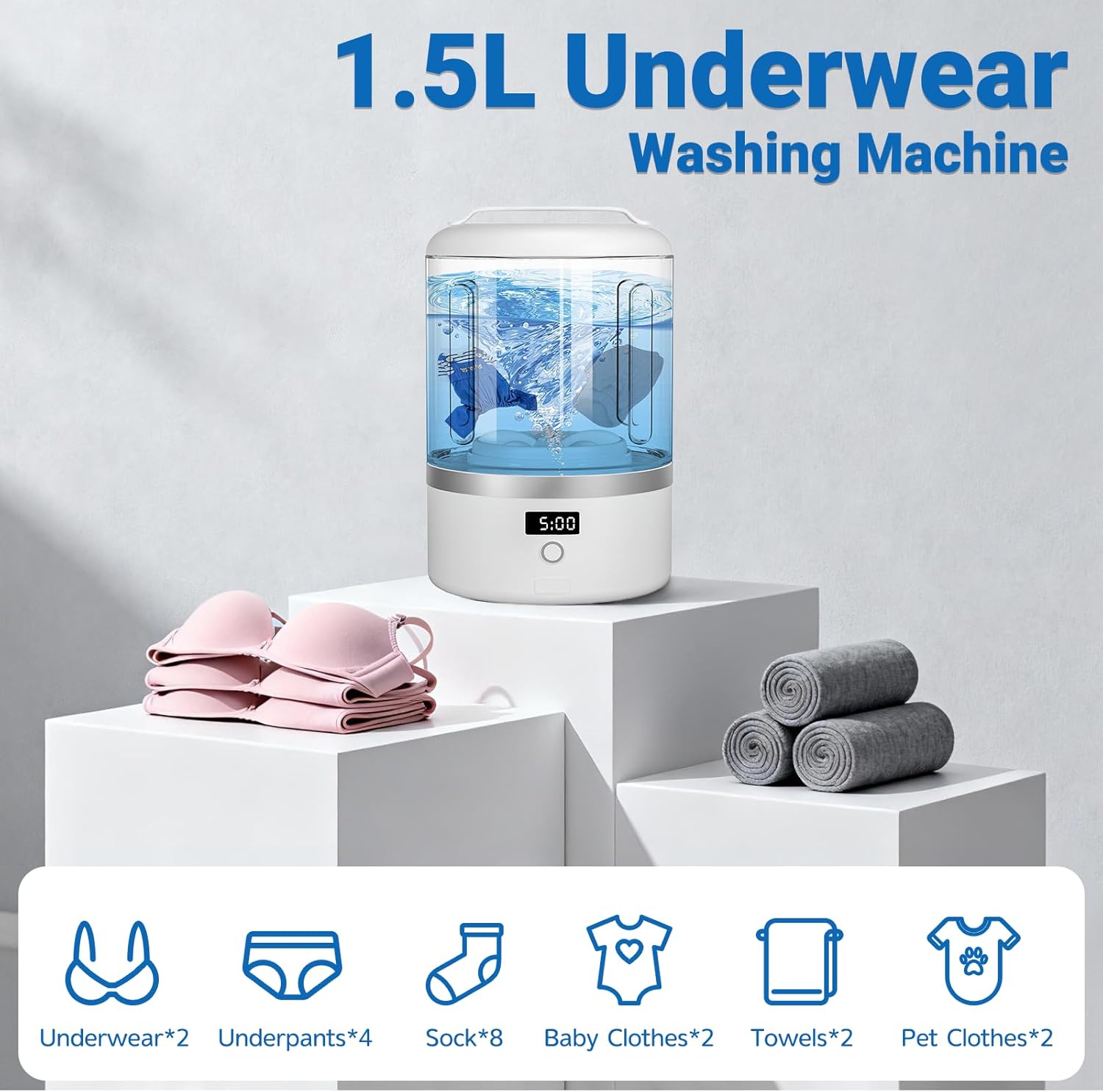 Portable Washing Machine, Mini Washer for Socks & Underwear, 1.5L Compact Electric Ultrasonic Washer for Travel, Dorm, Apartment, 5/15-Min Quick Wash with LED Display