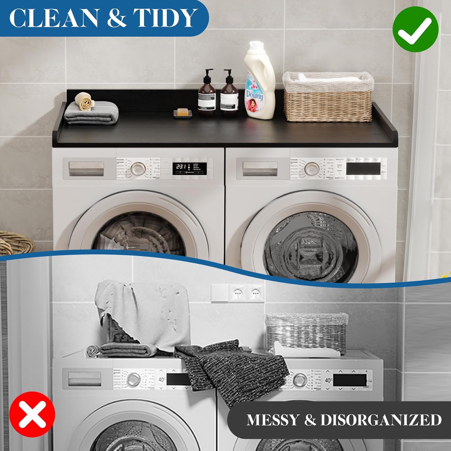 Washer Dryer Countertop, Laundry Countertop Over Wooden Washer and Dryer for The Top with Non-Slip Pads, Laundry Hamper Counter Storage Organization 54