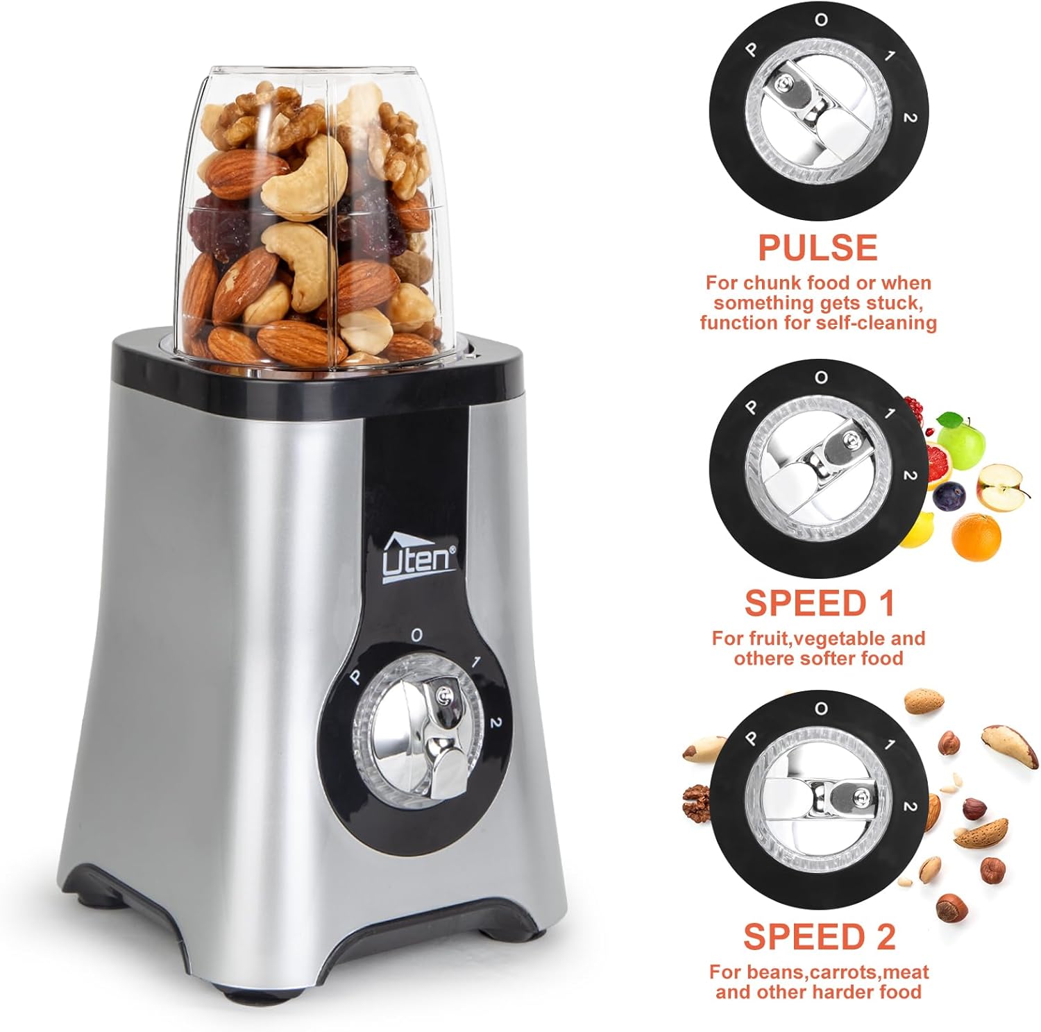 Uten 5-in-1 Smoothie Blender 42 oz/1.25L, Multi-Functional Mixer, Smoothie Maker, Juicer, Grinder with 304 Stainless Steel Blades, BPA-Free, Dishwasher Safe, Includes 3 Blender Cups & 2 Travel Bottles