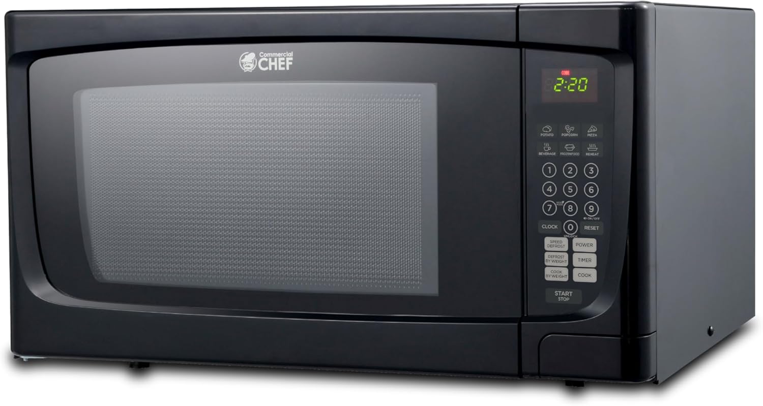 COMMERCIAL CHEF 1.6 Cubic Foot Microwave with 10 Power Levels, Small Microwave with Push Button, 1000 Watt Microwave with Digital Control Panels, Countertop Microwave with Timer, Black