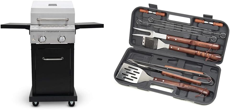 Megamaster 2-Burner 28000 BTU Propane Barbecue Gas Grill with Foldable Side Tables Bundle with Cuisinart 13-Piece Wooden Handle Tool Set