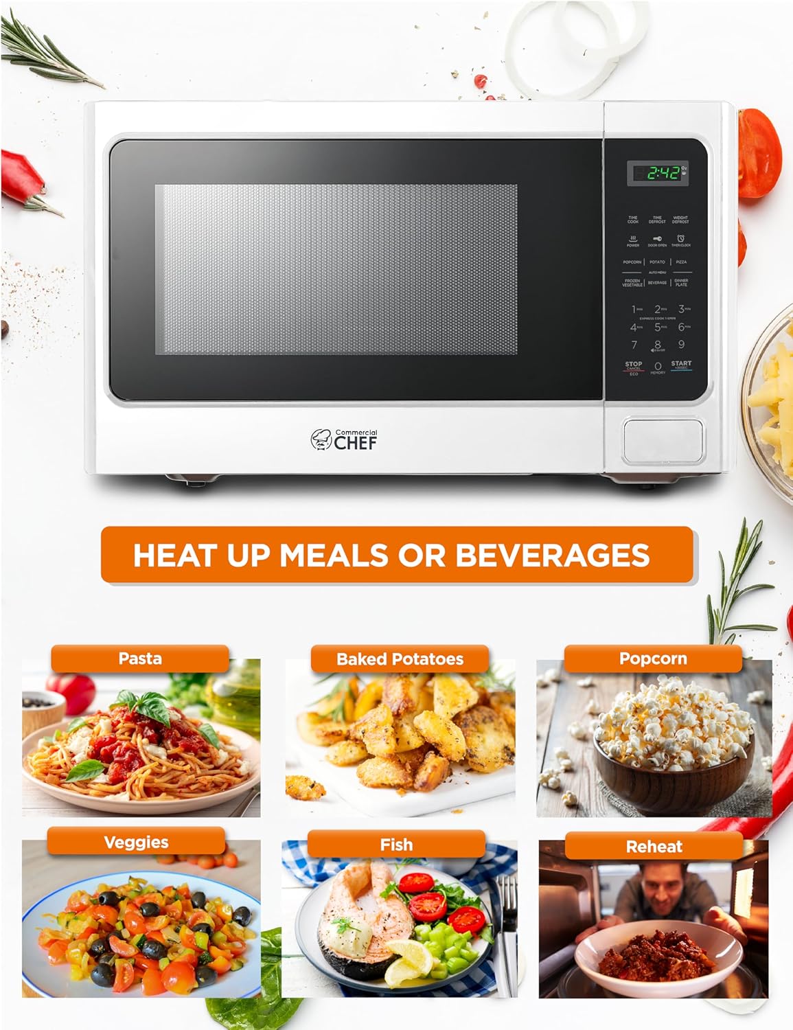 COMMERCIAL CHEF Microwave 1.3 Cu Ft with 10 Power Levels, Microwave with Push Button Door Lock, 1000W Countertop Microwave with Timer and Digital Controls, White