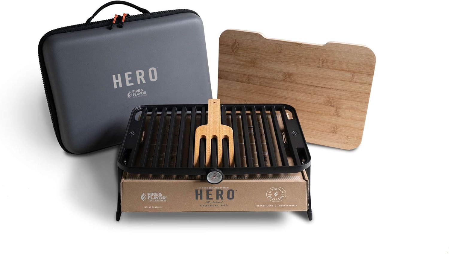 Fire & Flavor Hero Grill System - Ultra-Portable Grill for Camping, Tailgating, and BBQ on the Go - Tabletop Charcoal Grill Set Comes with Spatula, Thermometer, and Cutting Board