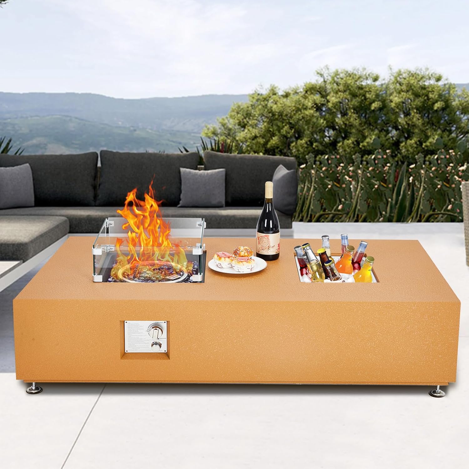 56 Inch Outdoor Propane Fire Pit Table, 50,000 BTU Convertible Fire Table with Ice Bucket, Wind Guard & Fire Glass Beads, Complete Outdoor Heater Set for Backyard, Patio, Garden
