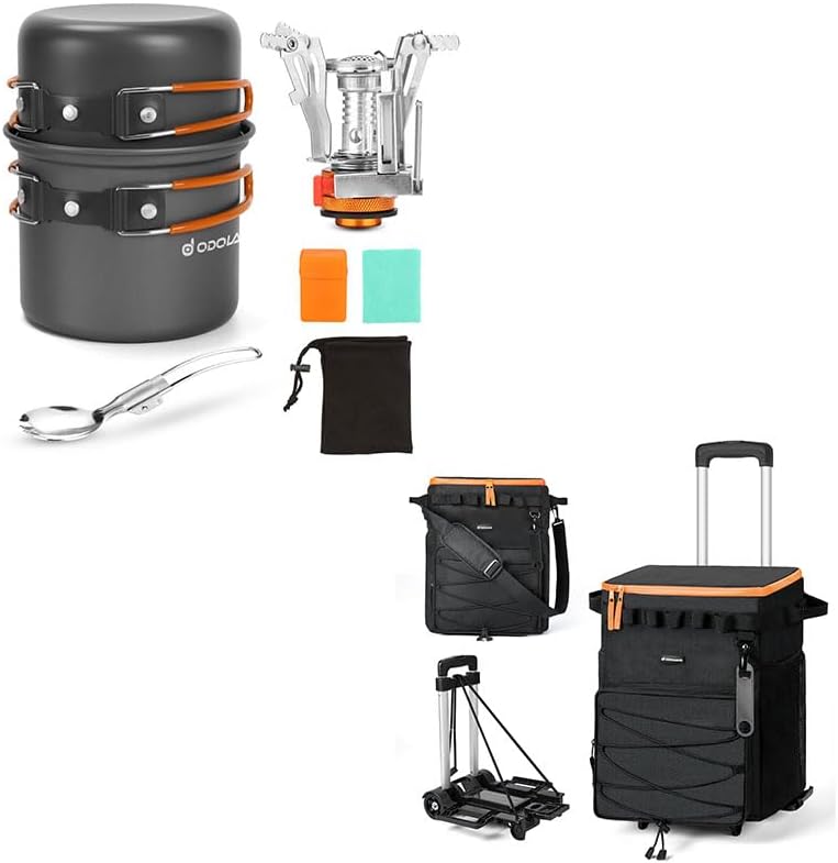 Odoland Bundle - 2 Items 6pcs Camping Cookware Mess Kit and 48 Cans Soft Cooler with Wheels and Handle