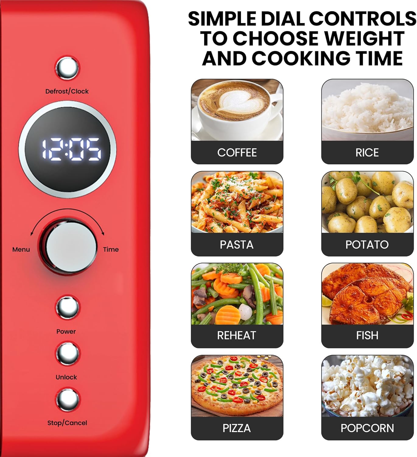 Total Chef Retro Microwave Oven | 20L / 0.7 Cu Ft | Quick Start & Defrost By Weight/Time | 8 Pre-set Cooking Modes For Coffee, Rice, Pasta, Potato, Reheat, Fish, Pizza, Popcorn | 700W | Red