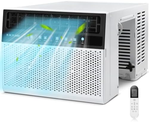 R.W.FLAME Window Air Conditioner 10,000 BTU, 6 in 1 U Shaped Window AC unit with Remote Control, Fast Cooling Up to 450 Sq.Ft. Thermostat Control/Timmer/Energy Saving,White