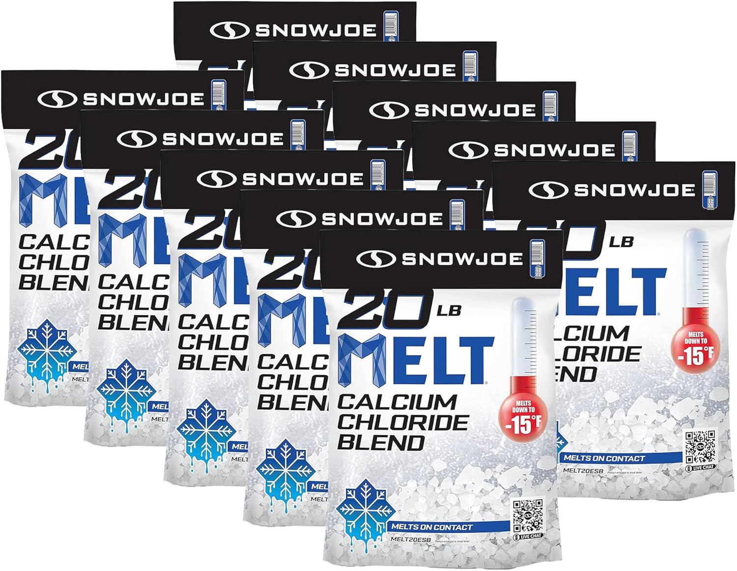 Snow Joe 10 Pack Calcium Chloride Blend Snow Ice Melt Fast-Acting Pellet-Form Deicer, 20 lb - Pet-Friendly Melter for Driveways, Roofs, Sidewalks & Stairs, Non-Tracking & Easy-Pour Pellets, MELT20ESB