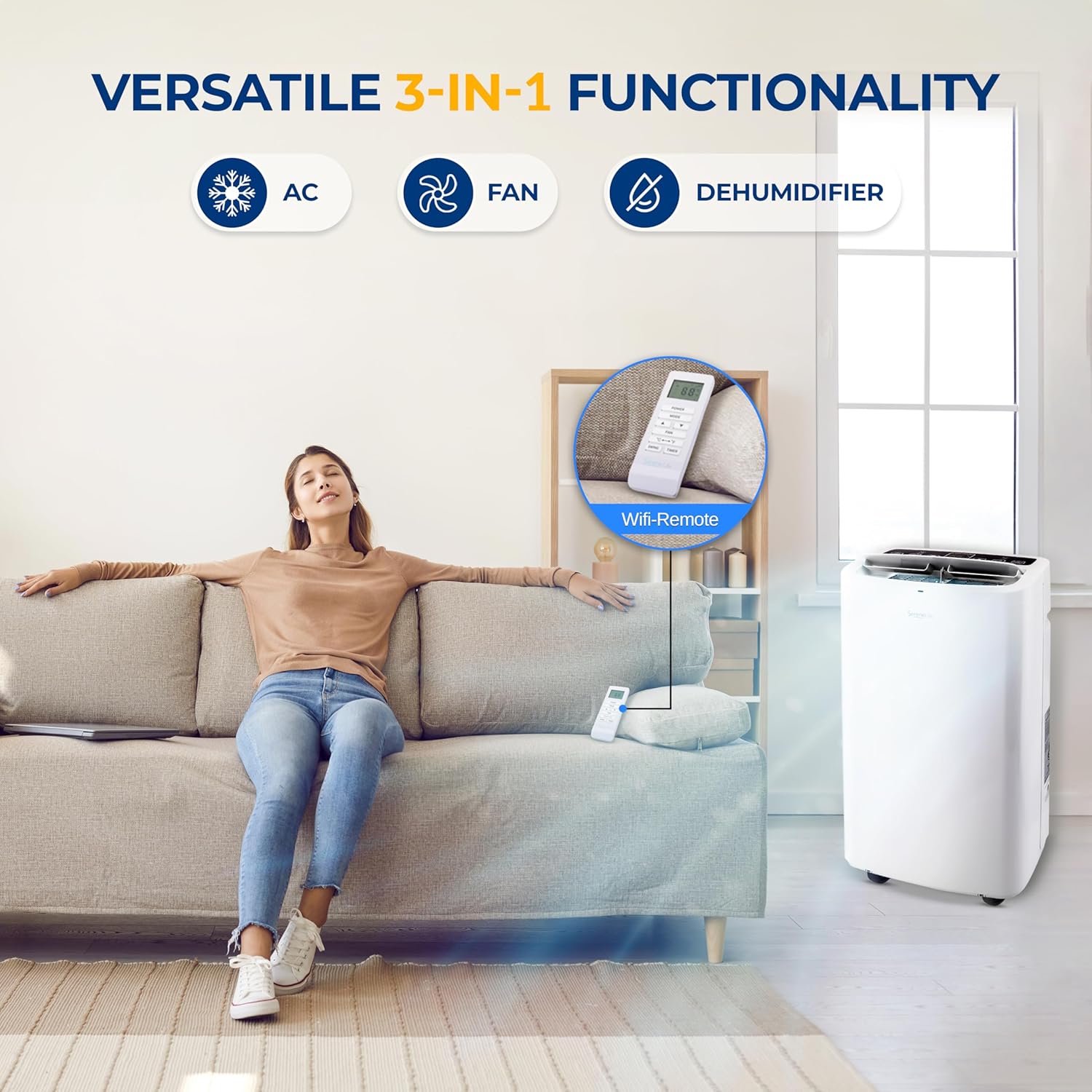 SereneLife Small Air Conditioner Portable 14,000 BTU with Built-in Dehumidifier - Portable AC unit for rooms up to 650 sq ft - Remote Control, Window Mount Exhaust Kit