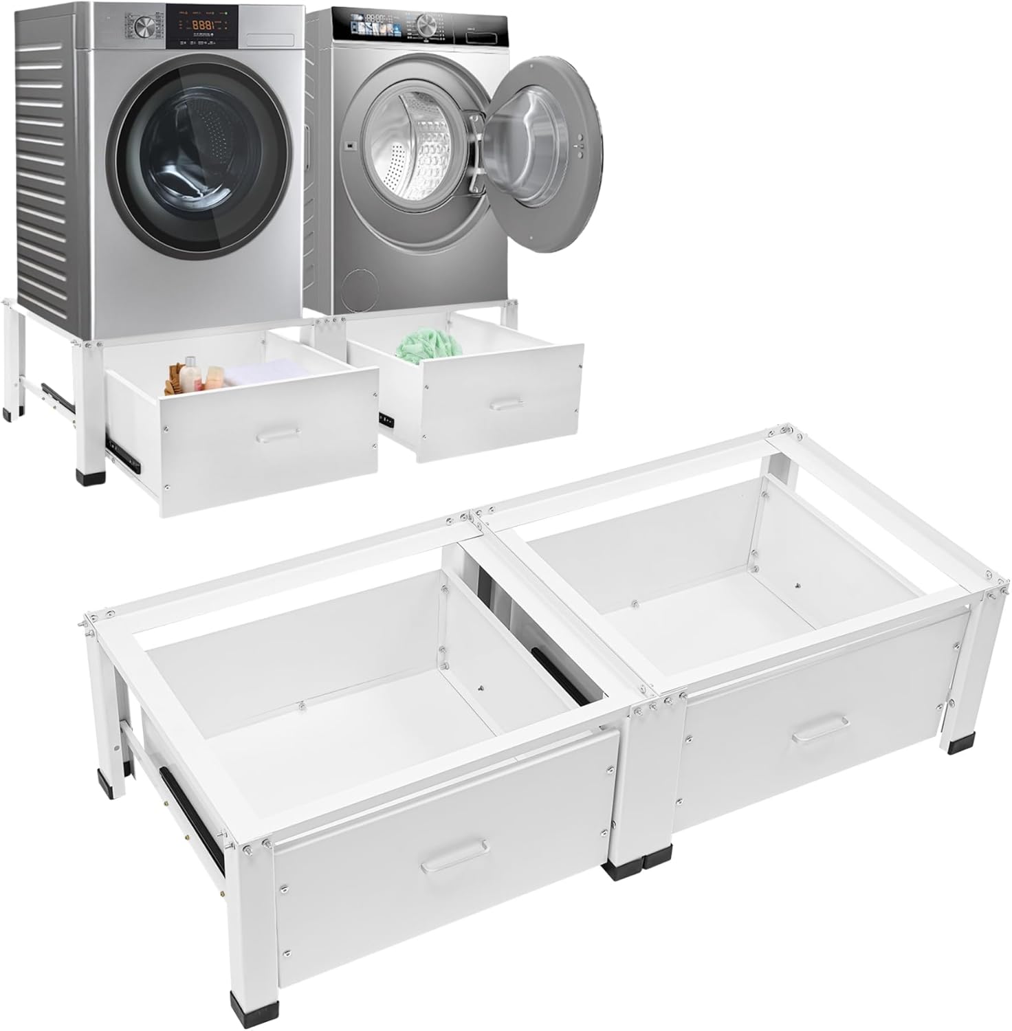 Heavy Duty Double Base Frame for Washer Dryer - 440lbs Capacity with 2 Storage Drawers, Anti-Vibration Laundry Pedestal Stand White