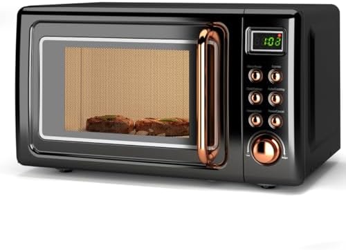 Countertop Retro Microwave Oven, 0.7 Cu Ft Small Microwave with Defrost, 5 Micro Power, 8 Auto-Cooking Set & Child Lock, Compact Microwave w/10 Inch Turntable, 60-min Timer, LED Display, 700W