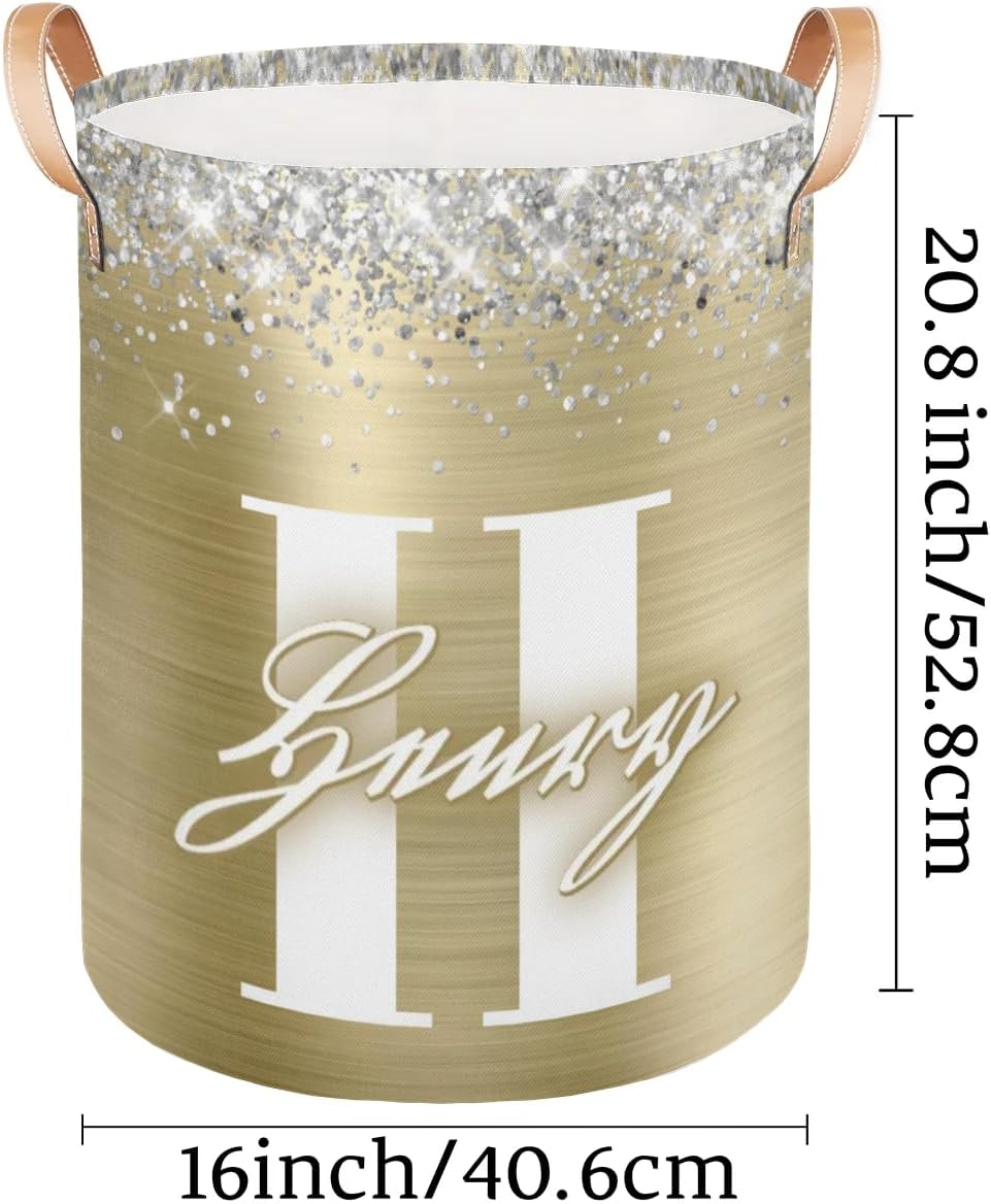 Custom Letter Collapsible Laundry Basket for Dirty Clothes, Large Laundry Hamper with Leather Handle Lightweight Gold Foil