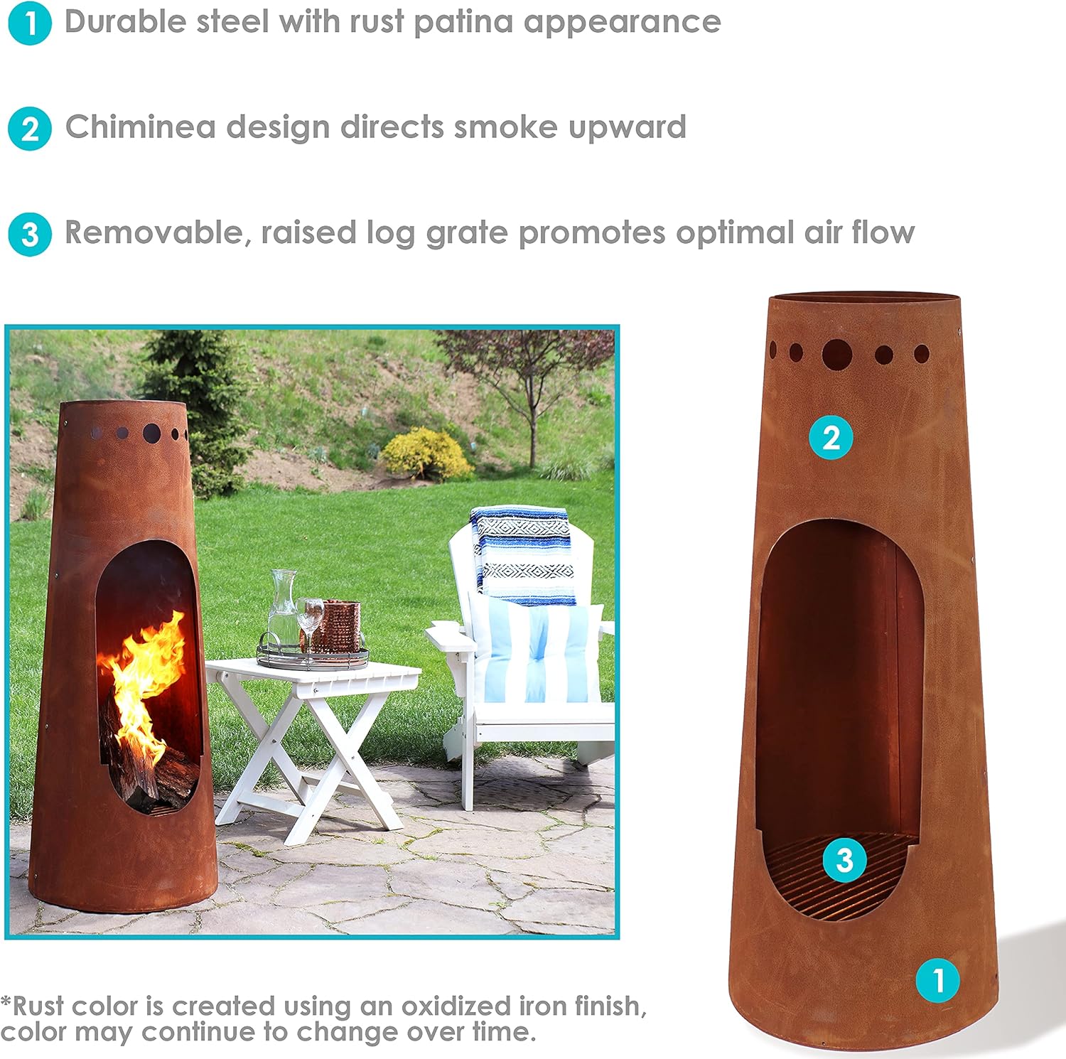 Sunnydaze Santa Fe 50-Inch Rustic Outdoor Wood-Burning Chiminea Fire Pit with Rust Patina Finish - Chiminea Outdoor Fireplace with Wood Grate