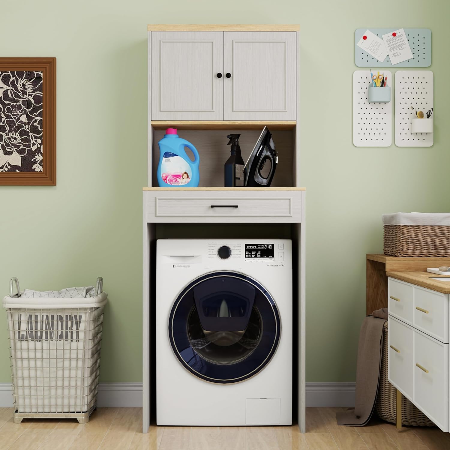 Over The Washer and Dryer Storage Cabinet, Space Saving Laundry Room Shelf Storage Organizer, Laundry Countertop with Shelf Cabinet Design, Antique White